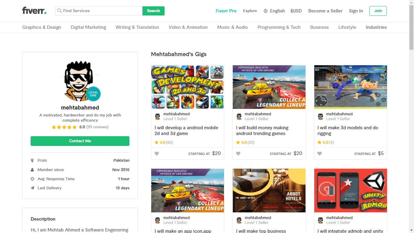 Fiverr screenshot - Mehtabadmen full profile