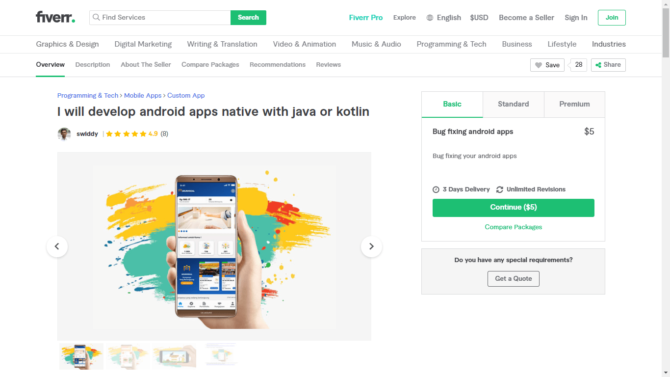 Fiverr screenshot - Swiddy Android app developer gig