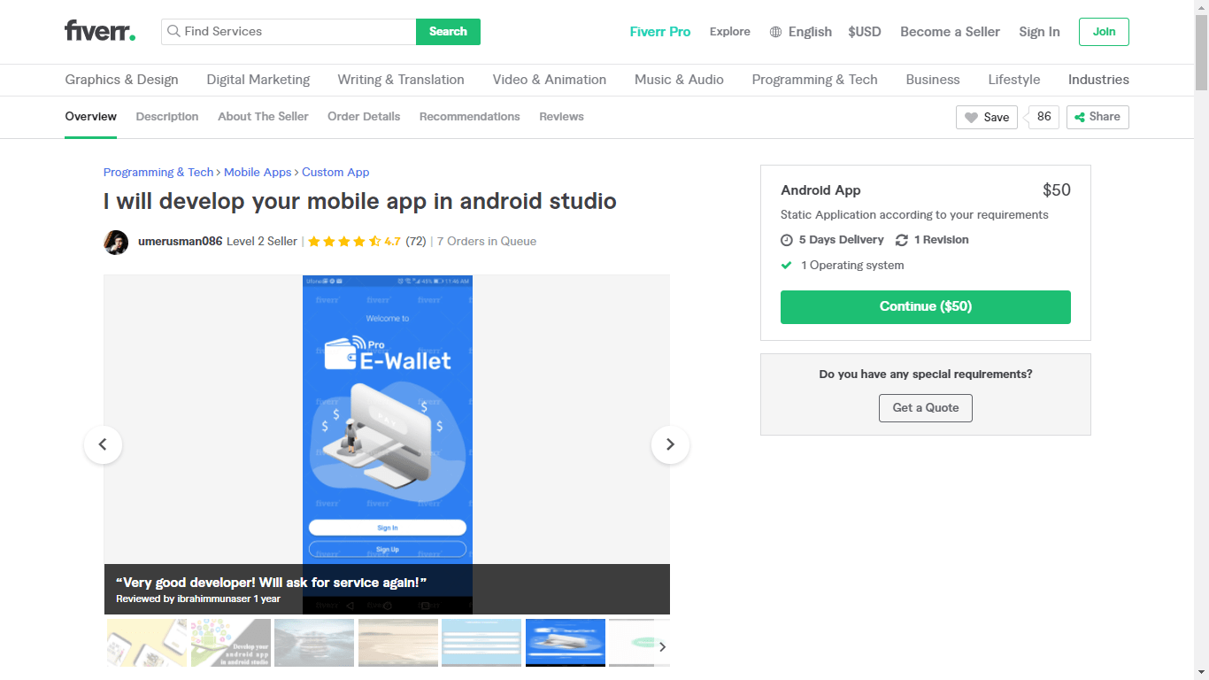 Fiverr screenshot - Umerusman086 Android app developer gig