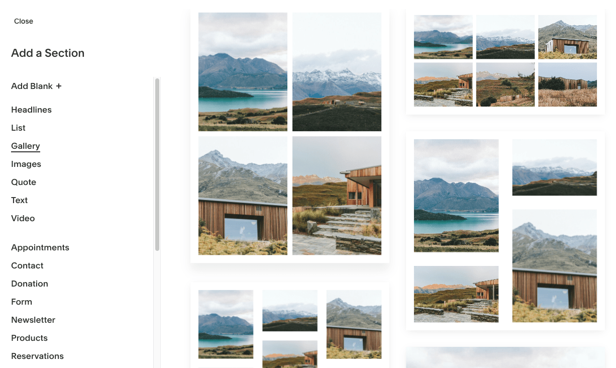 Squarespace photo gallery layouts