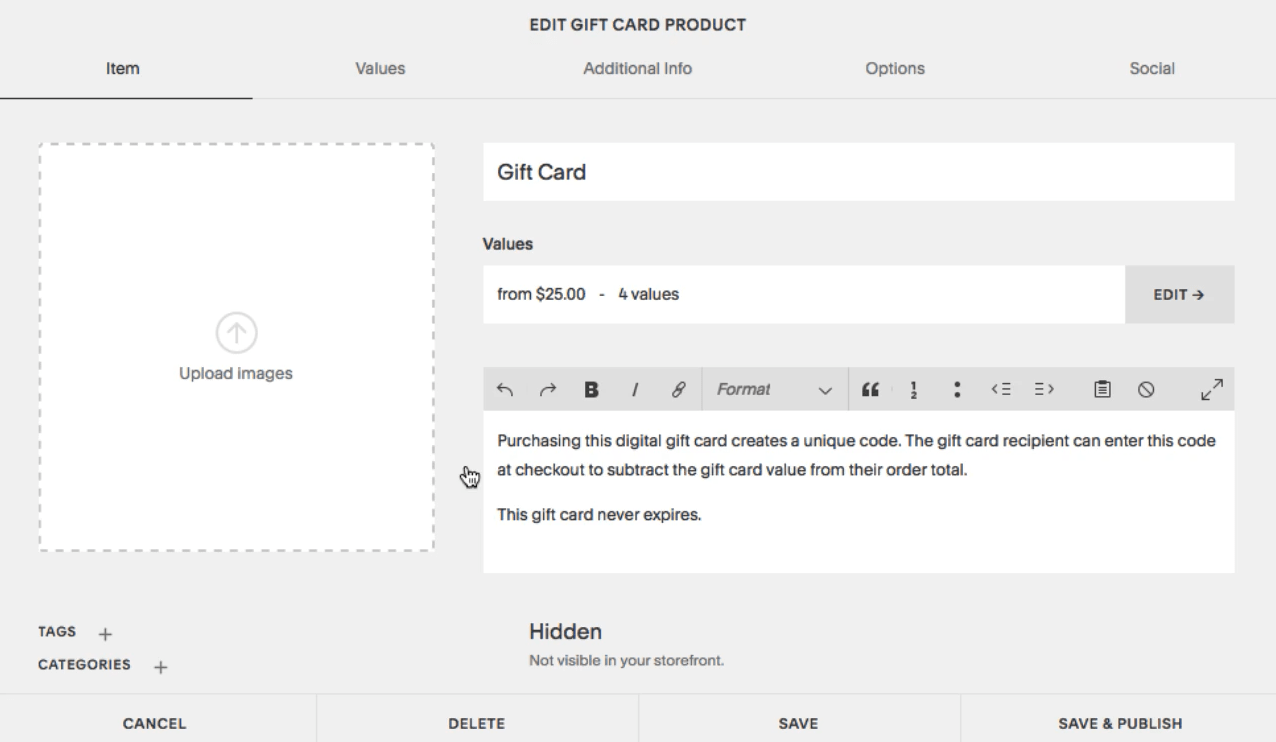 Creating gift card in Squarespace