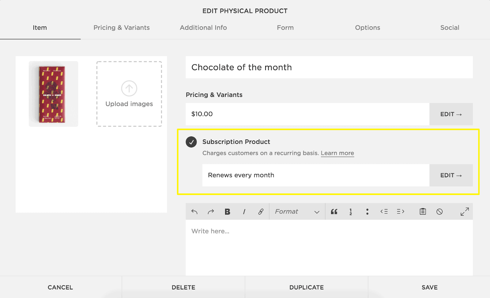 Adding a subscription in Squarespace