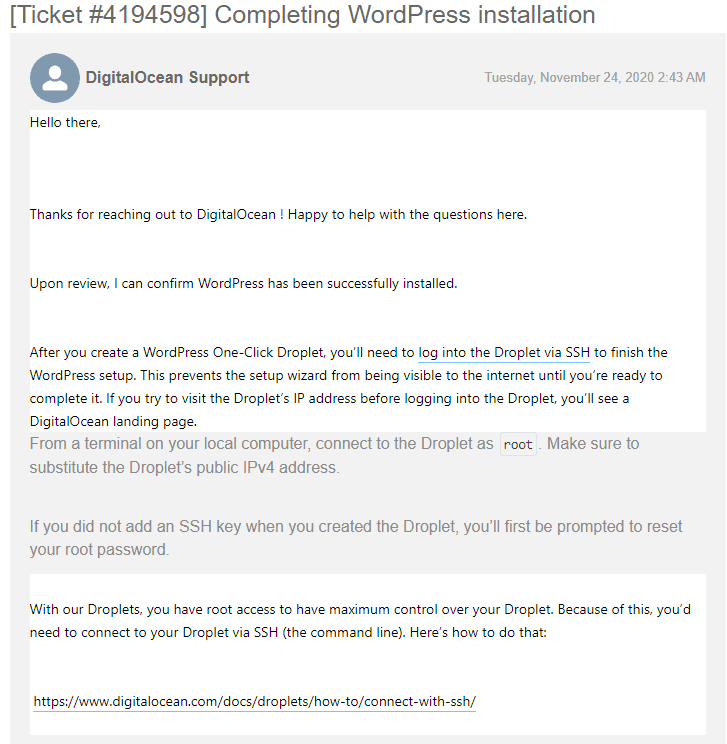 DigitalOcean's support via ticket