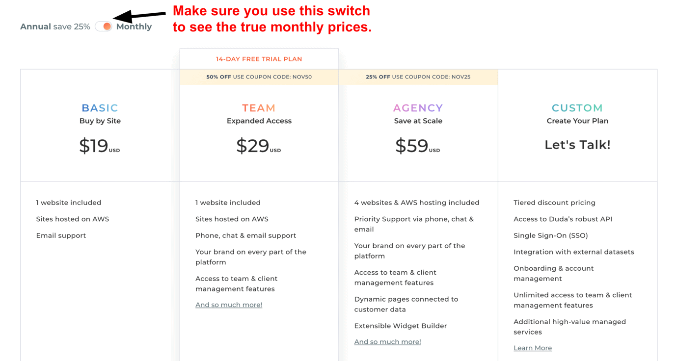 Duda toggle switch for monthly pricing