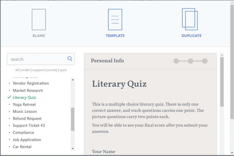 FormCrafts Literary Quiz Template