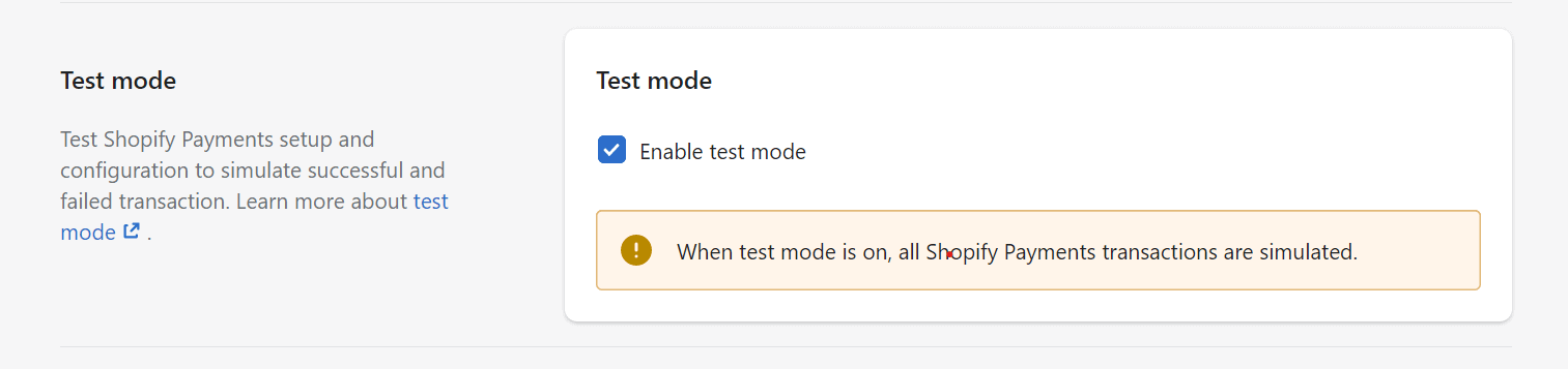 Shopify payments test mode