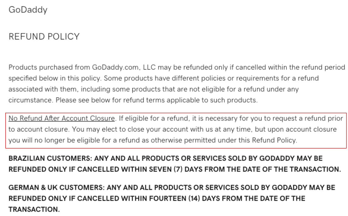 GoDaddy Refund Policy