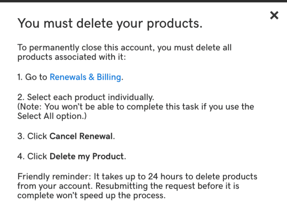 GoDaddy delete products reminder