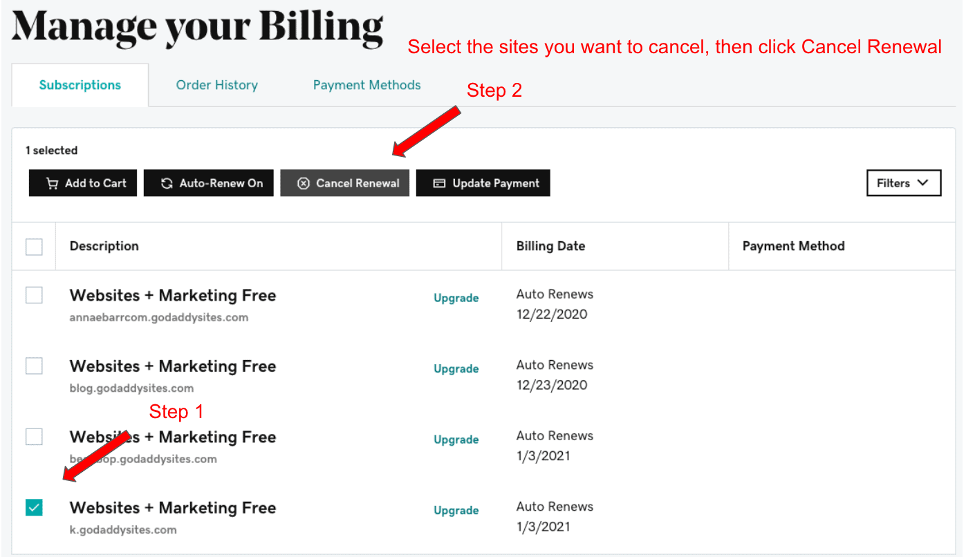 GoDaddy "Mange Your Billing" page