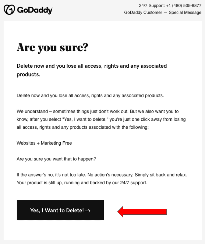 GoDaddy Product Deletion confirmation email