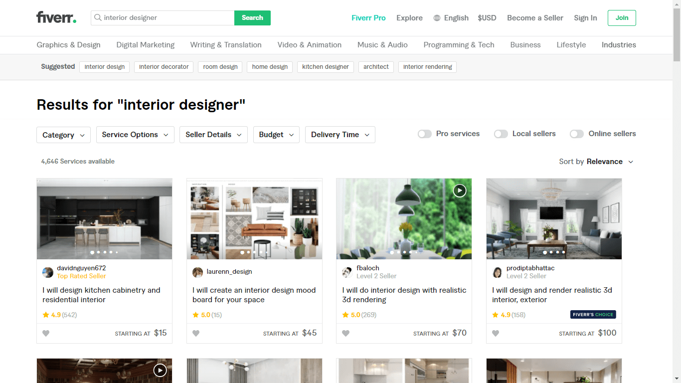 Fiverr screenshot - interior designers