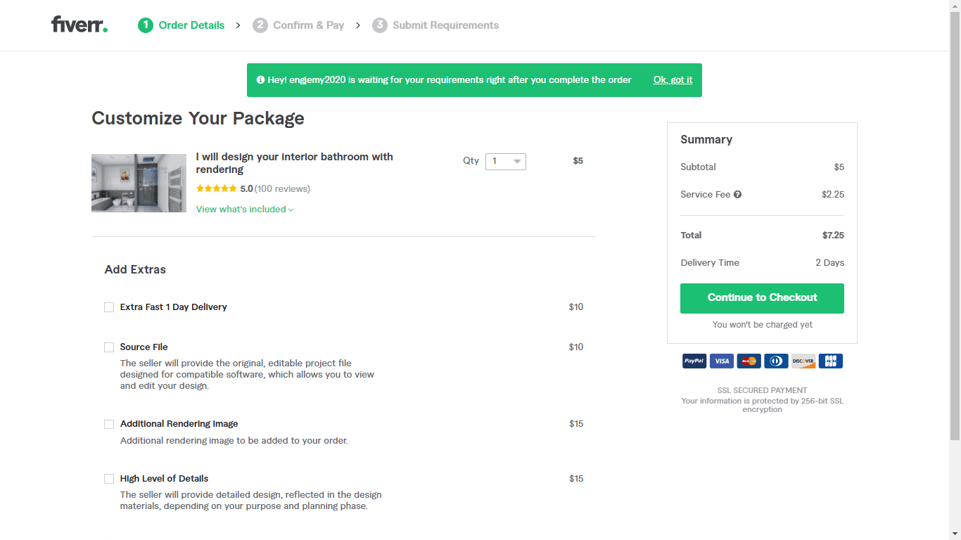 Fiverr screenshot - Continue to Checkout