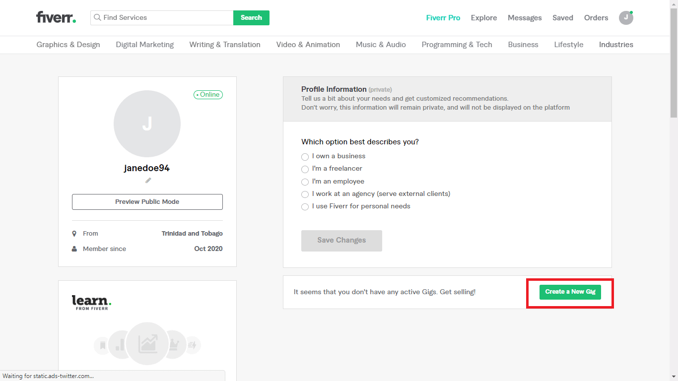 Fiverr screenshot - profile edit