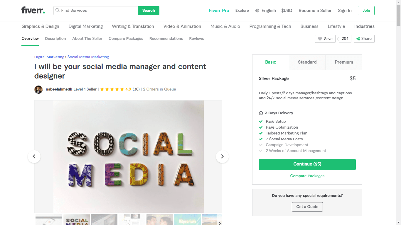 Fiverr screenshot - Nabeelahmedk Social Media Manager gig