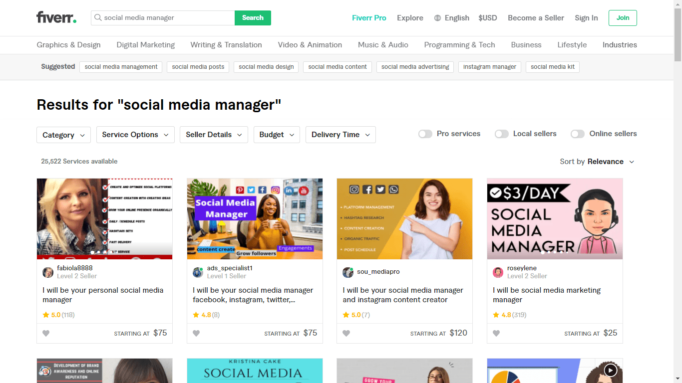 Fiverr screenshot - social media managers