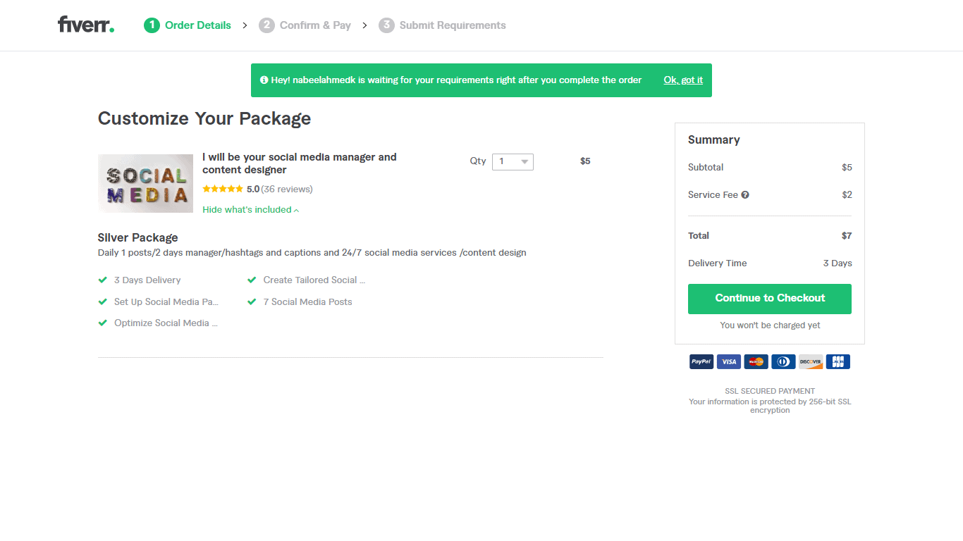 Fiverr screenshot - Continue to Checkout