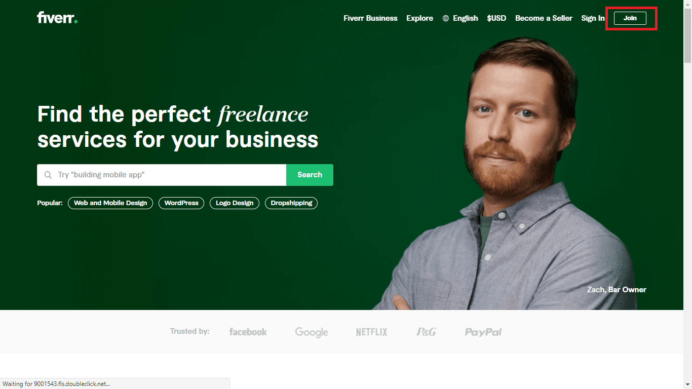 Fiverr screenshot - Homepage join button