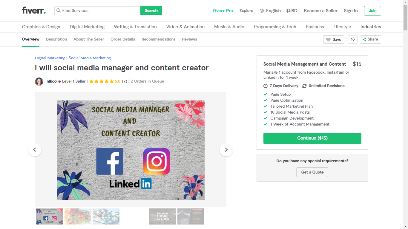 Fiverr screenshot - Nikcolle Social Media Manager gig