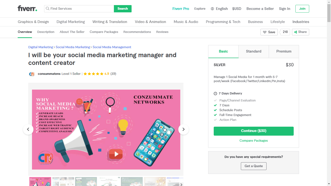 Fiverr screenshot - Consummatens Social Media Manager gig