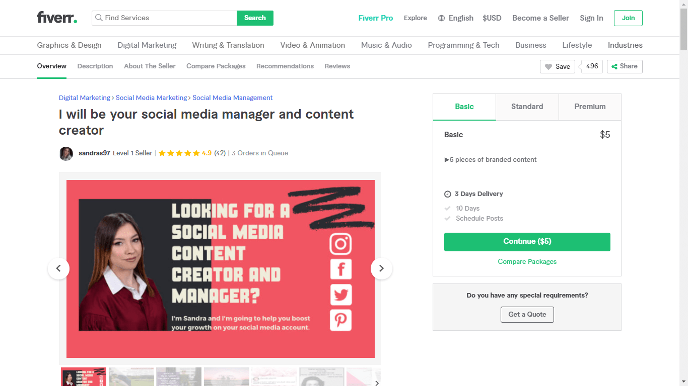 Fiverr screenshot - Sandras97 social media manager gig