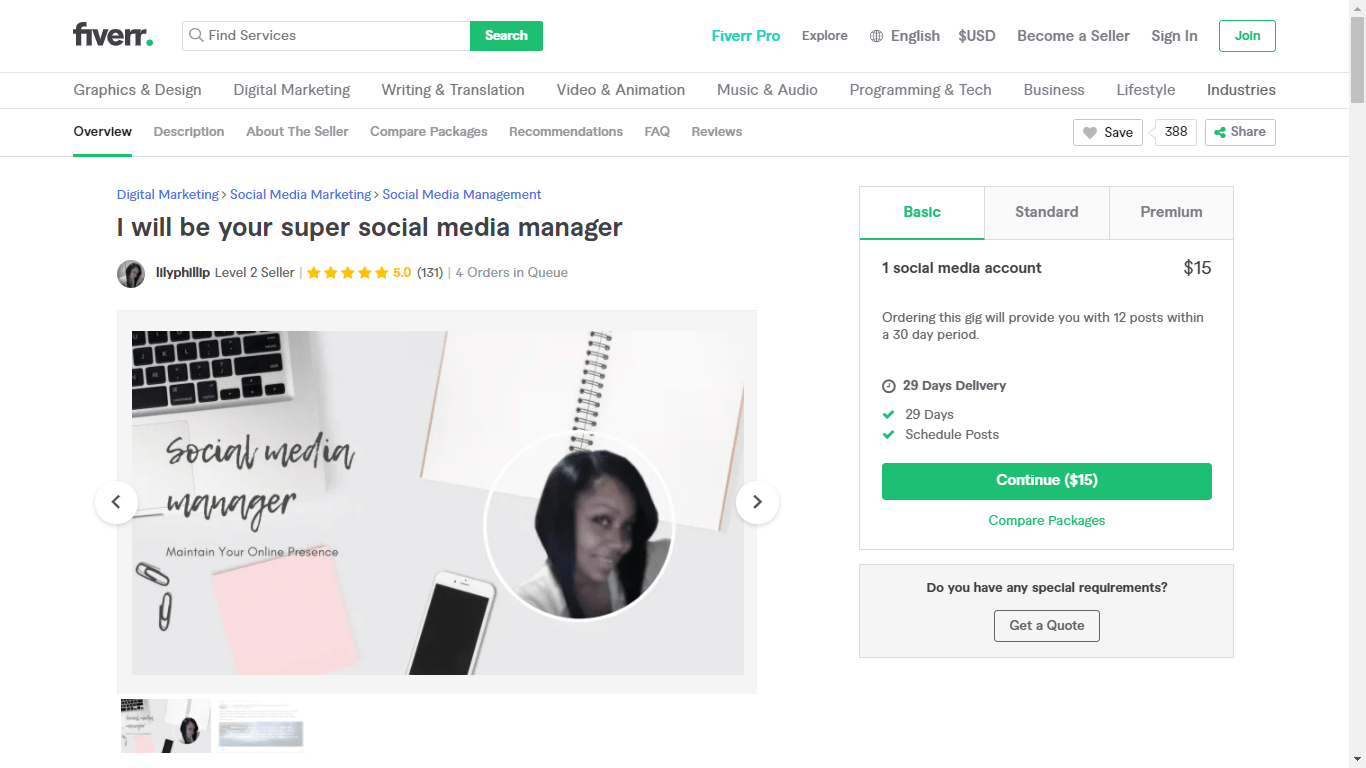 Fiverr screenshot - Lilyphillip Social Media Manager gig