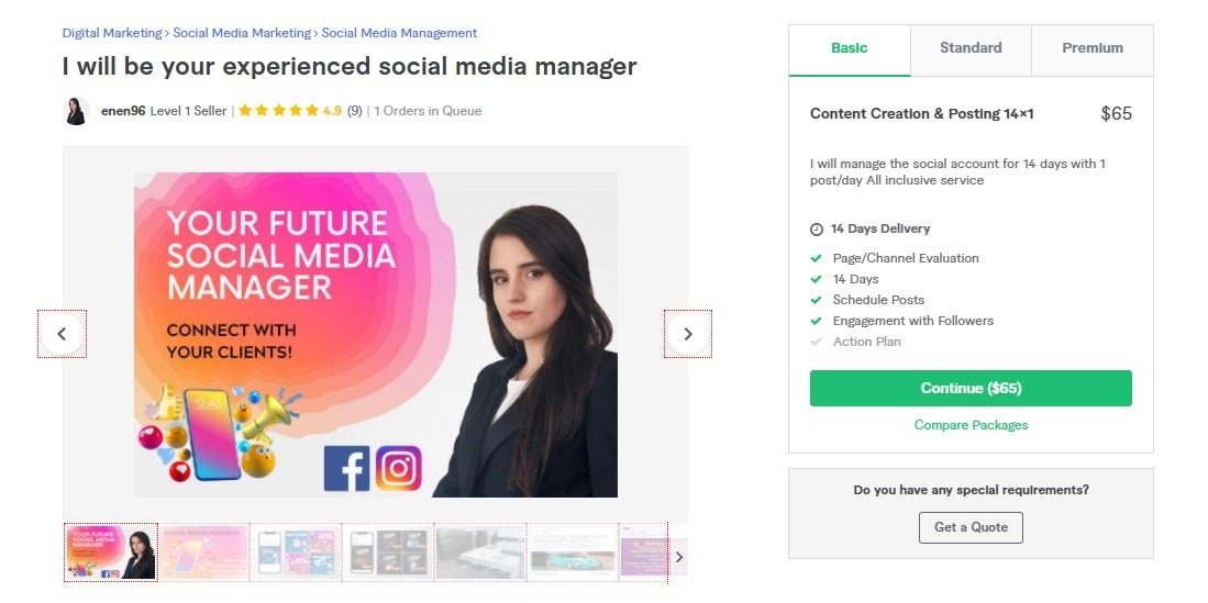 Fiverr screenshot - Enen96 social media manager gig