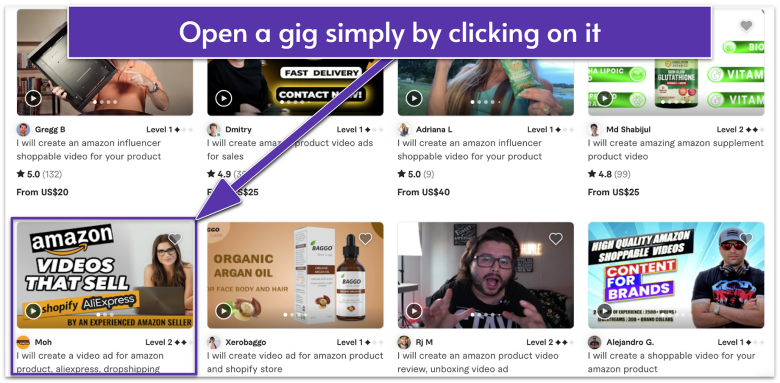 Fiverr's Amazon product video creator search results