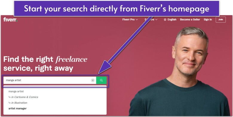 Fiverr homepage with the search bar filled in with "manga artist"