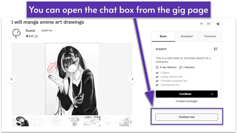 Gig page with the “Contact Me” button highlighted