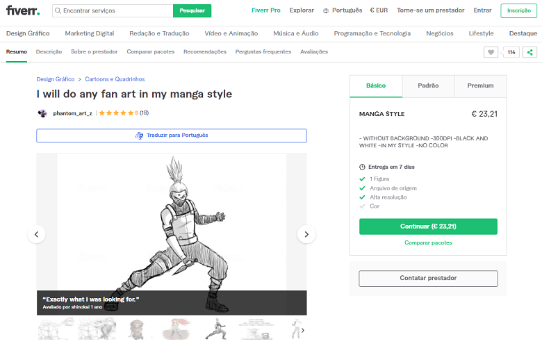 Fiverr screenshot - Phantom_art_z manga fan art gig
