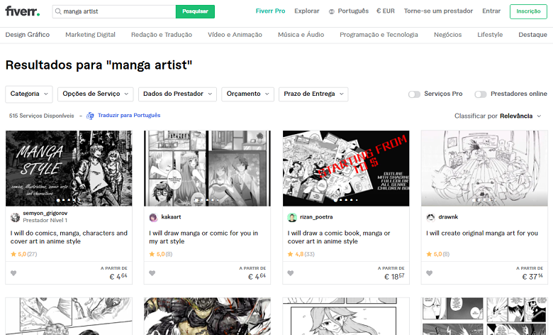 Fiverr screenshot - manga artists