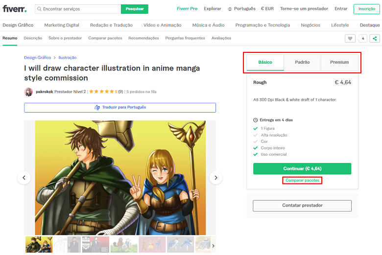 Fiverr screenshot - package tabs and Compare Packages button