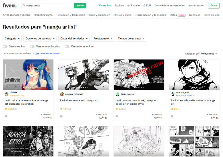 Fiverr screenshot - manga artists