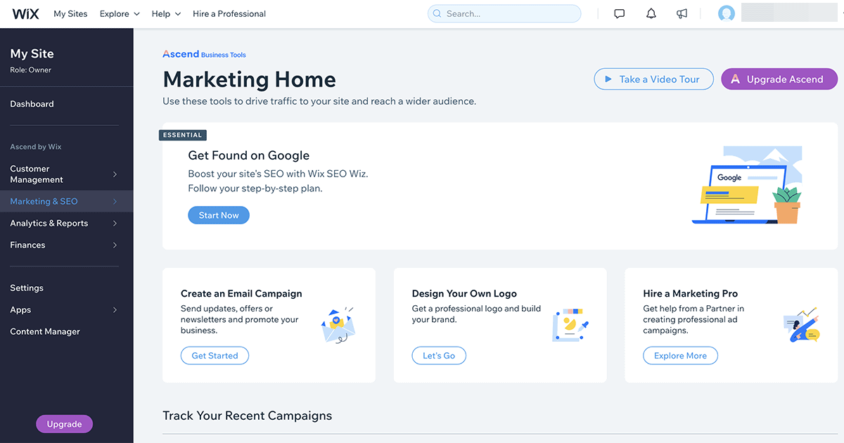 Ascend by Wix marketing dashboard