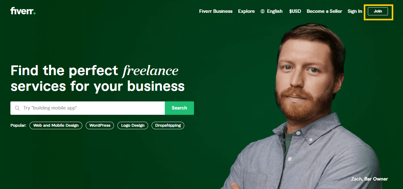 Fiverr homepage and join button