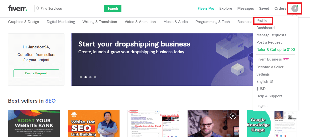 Fiverr homepage and profile button