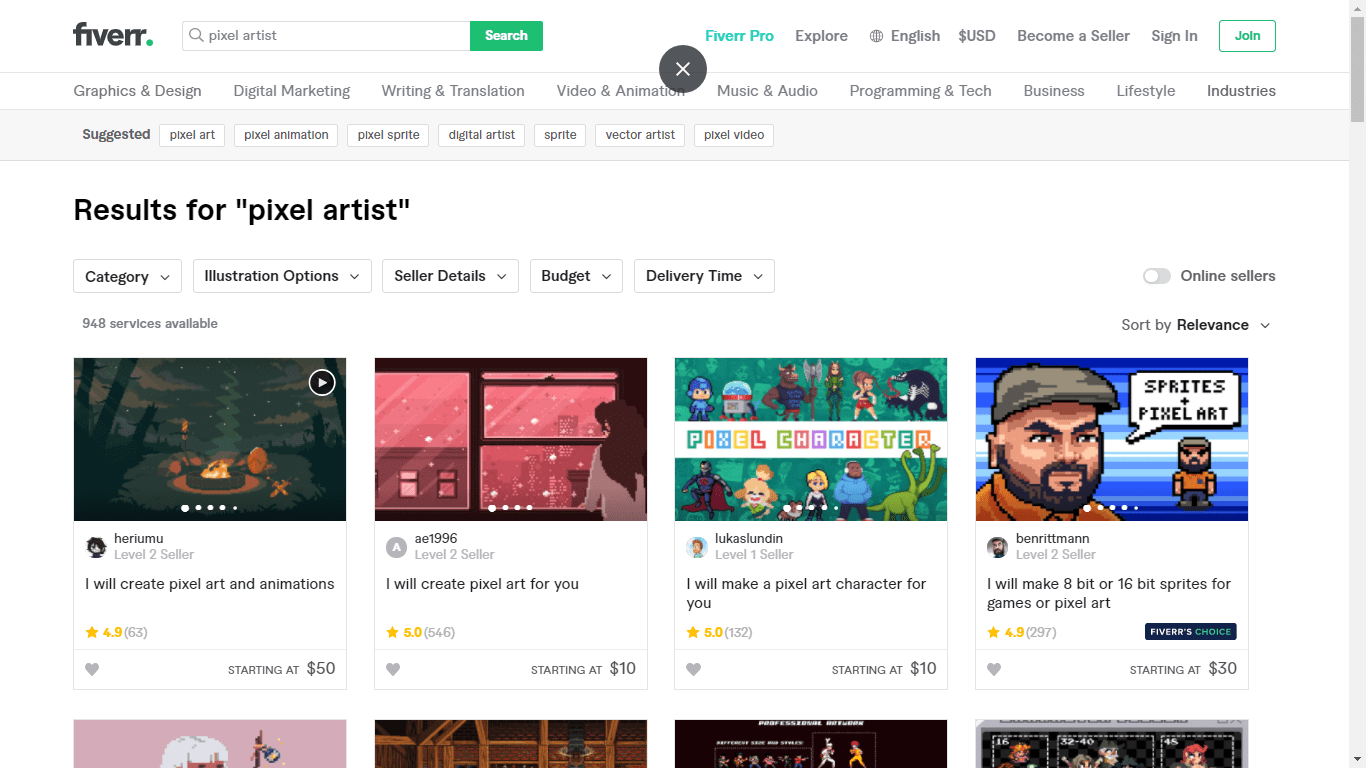 Fiverr screenshot - pixel artists