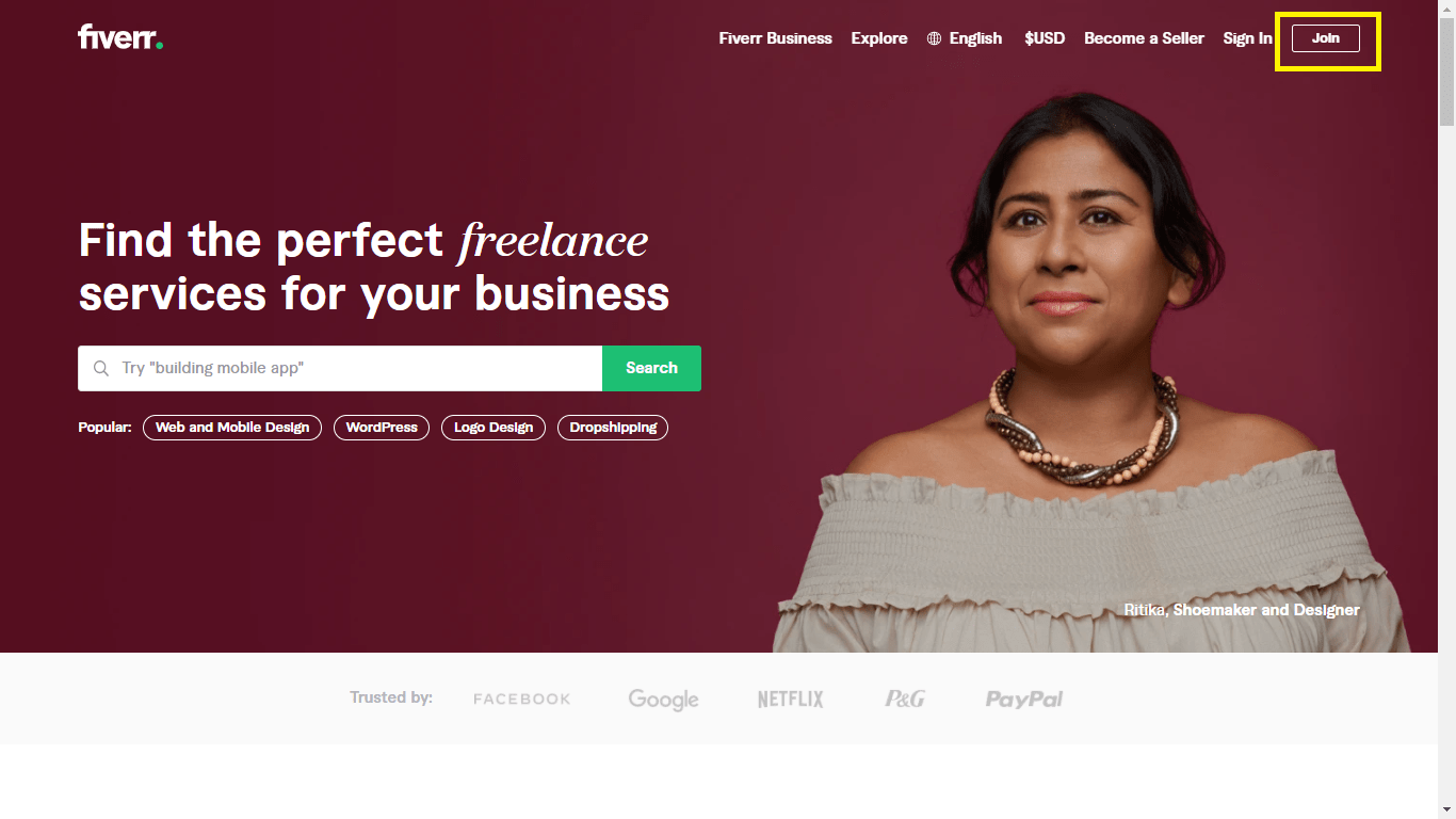 Fiverr screenshot - homepage join button