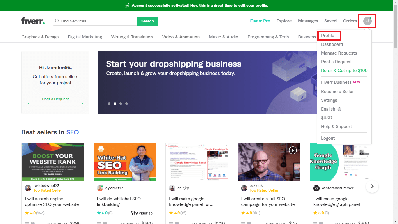 Fiverr screenshot - seller main page