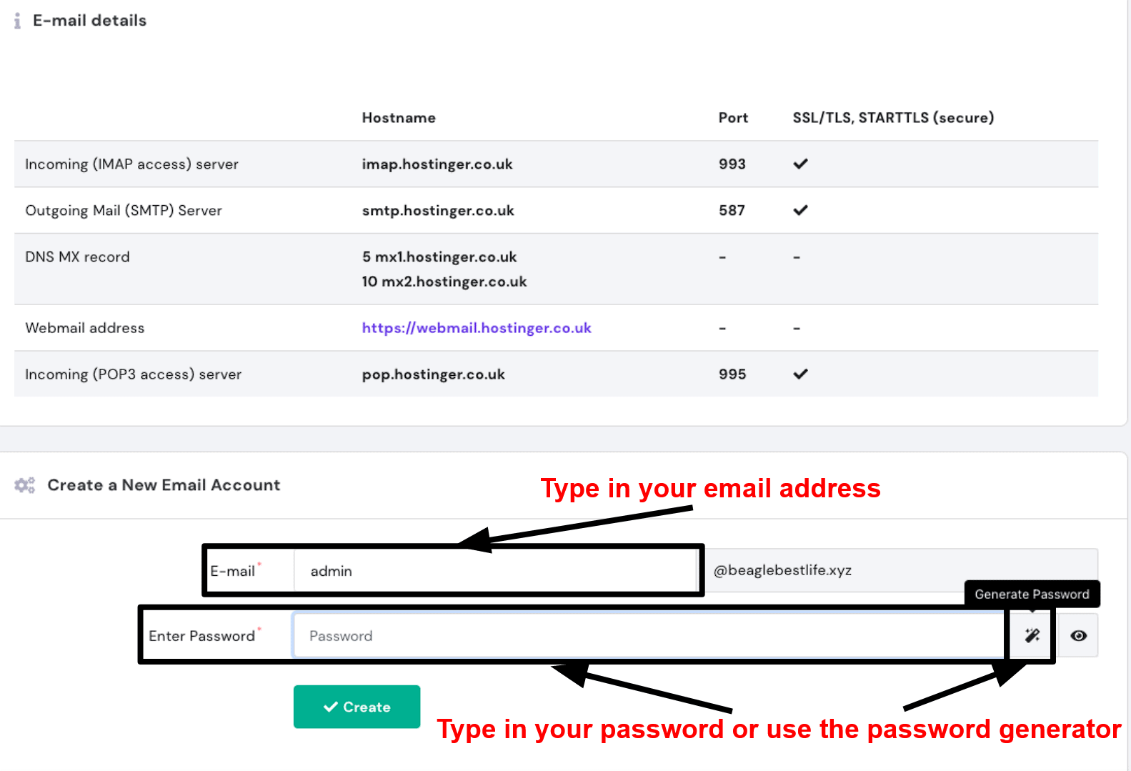 hPanel - create email address