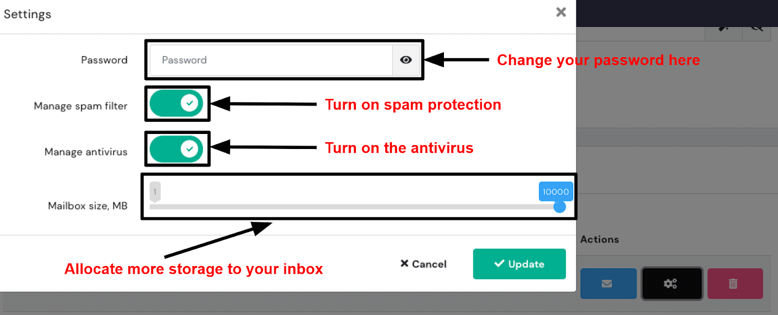 hPanel - email settings screen