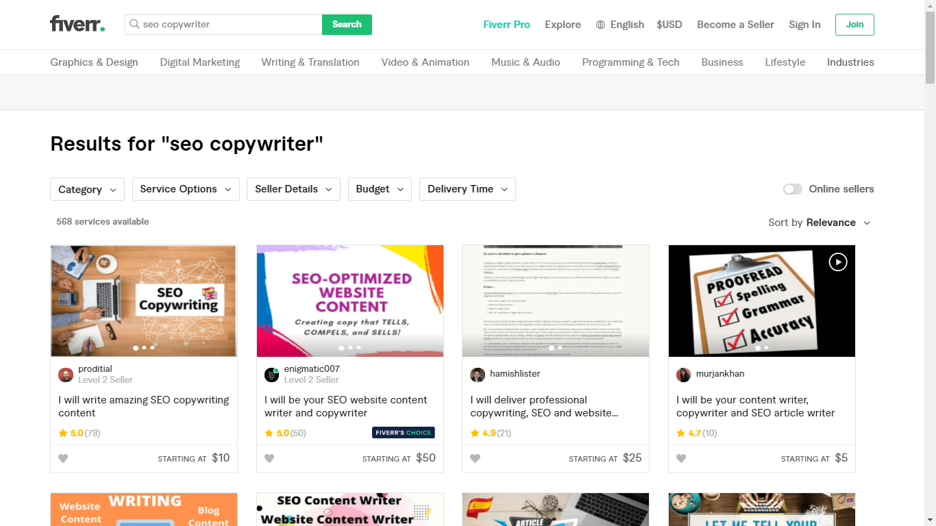 Fiverr screenshot - seo copywriters