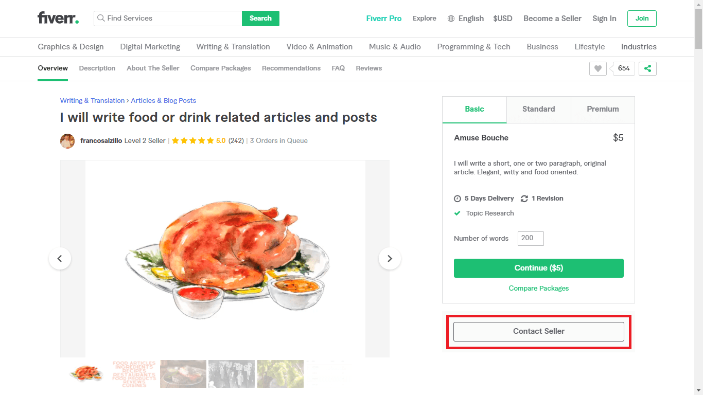 Fiverr screenshot - contact seller button