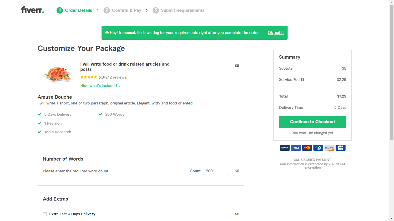 Fiverr screenshot - continue to checkout