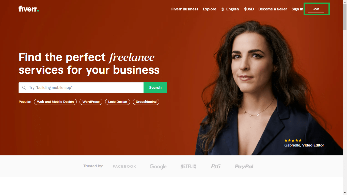 Fiverr screenshot - homepage join button