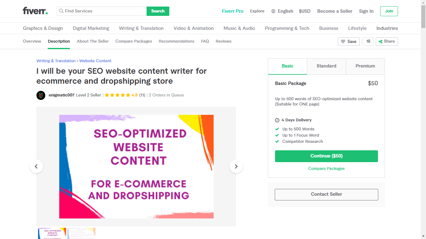 Fiverr screenshot - enigmatic007 eCommerce seo copywriter gig