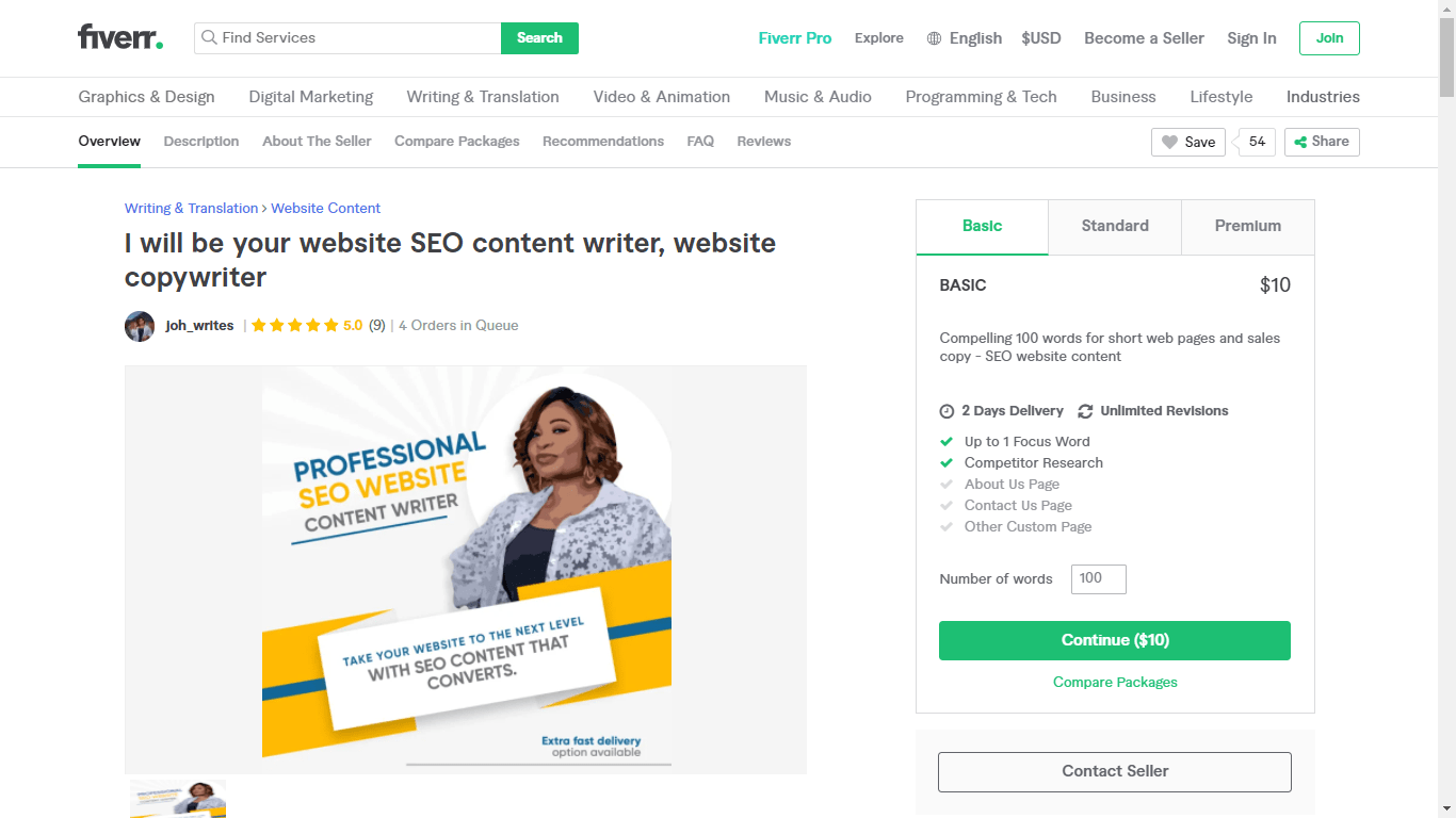 Fiverr screenshot - joh_writes seo copywriter gig