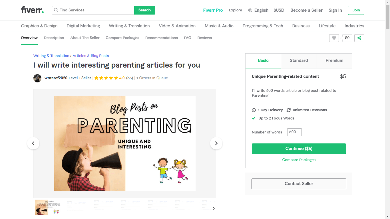 Fiverr screenshot - writerof2020 parenting seo copywriter gig