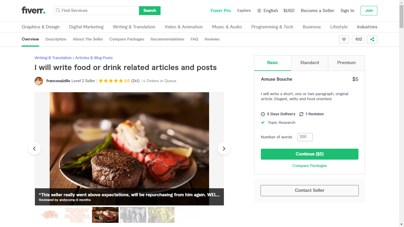 Fiverr screenshot - francosalzillo food seo copywriter gig