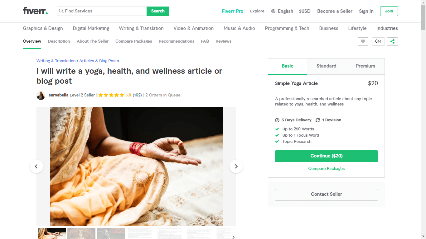 Fiverr screenshot - suryabella health seo copywriter gig